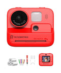 No Ink Instant Print Kids Camera With 2.4 Inch Screen And 1080P Video Selfie Mode 10X Zoom Includes 3 Paper Rolls Stickers And Markers Safe Thermal Printing For Mess Free Real Photo Prints Dope Creative Gift For Boys And Girls Ages 3 To 10 front view red ABS kids instant print camera with paper rolls and accessories