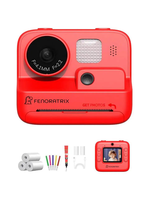No Ink Instant Print Kids Camera With 2.4 Inch Screen And 1080P Video Selfie Mode 10X Zoom Includes 3 Paper Rolls Stickers And Markers Safe Thermal Printing For Mess Free Real Photo Prints Dope Creative Gift For Boys And Girls Ages 3 To 10 front view red ABS kids instant print camera with paper rolls and accessories