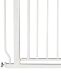 Close-up of Easy Walk-Through Baby Safety Gate With Auto Close And Hold Open, all steel, stands 30 inches tall, white.