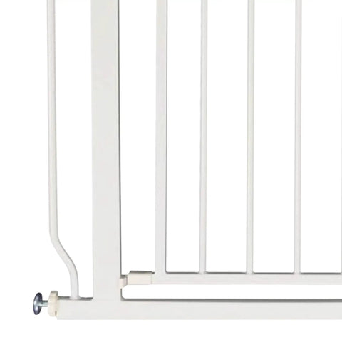 Close-up of Easy Walk-Through Baby Safety Gate With Auto Close And Hold Open, all steel, stands 30 inches tall, white.