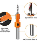 Image of Pro Grade Wood Countersink Drill Bit Set With Ten Pieces And Five Extra Pilot Bits, Tapered Five Sixteenths Round Shank, For Clean Flush Finishes, Durable Carbon Steel And HSS, ASNOMY showing spiral blade design and carbon steel shank.