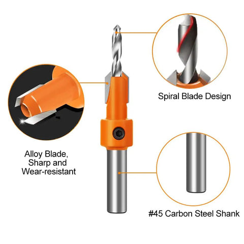 Image of Pro Grade Wood Countersink Drill Bit Set With Ten Pieces And Five Extra Pilot Bits, Tapered Five Sixteenths Round Shank, For Clean Flush Finishes, Durable Carbon Steel And HSS, ASNOMY showing spiral blade design and carbon steel shank.