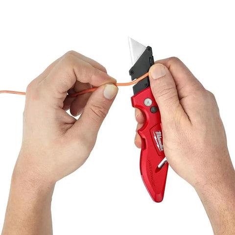 Fastback Press And Flip Utility Knife With Belt Clip And Onboard Wire Stripping Red Set Of 4 in use wire stripping