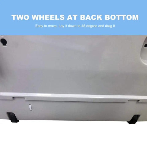 Two wheels at the back of the No Sweat Super Compact 1.34 Cu Ft Portable Washing Machine for easy mobility.