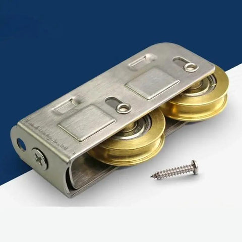 4 Piece Stainless Steel Sliding Door Rollers With Double Bearings And Brass Track Wheels For Patio Windows showing close-up of dual brass wheels.