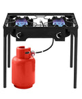 Two Burner Propane Stove For Outdoor Cooking With 150,000 BTU Total and red propane tank, heavy duty with removable legs