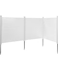 Outdoor Privacy Screen Three Panel Fence Kit For AC Units And Pool Equipment 50 Inch By 50 Inch Panels With Ground Stakes Wind Resistant PVC Vinyl Privacy Fence Enclosure For Trash Cans And Backyard Clutter, showing white panels with stakes.