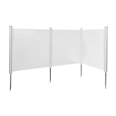 Outdoor Privacy Screen Three Panel Fence Kit For AC Units And Pool Equipment 50 Inch By 50 Inch Panels With Ground Stakes Wind Resistant PVC Vinyl Privacy Fence Enclosure For Trash Cans And Backyard Clutter, showing white panels with stakes.