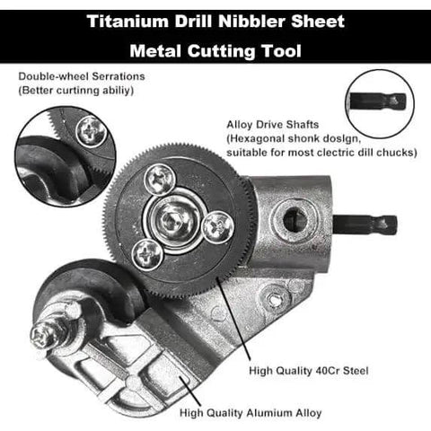 Titanium Drill Nibbler Sheet Metal Cutting Tool with double-wheel serrations and alloy drive shafts for electric drills.
