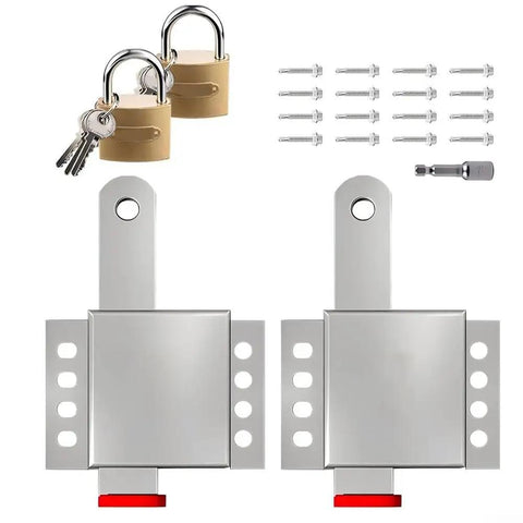 Heavy Duty Garage Door Lock Kit With Vertical Track Engagement For Dual Doors, Galvanized Steel Construction, Includes 2 Locks, 16 Self Tapping Screws, And Drill Bit For Full Hardware, with two padlocks