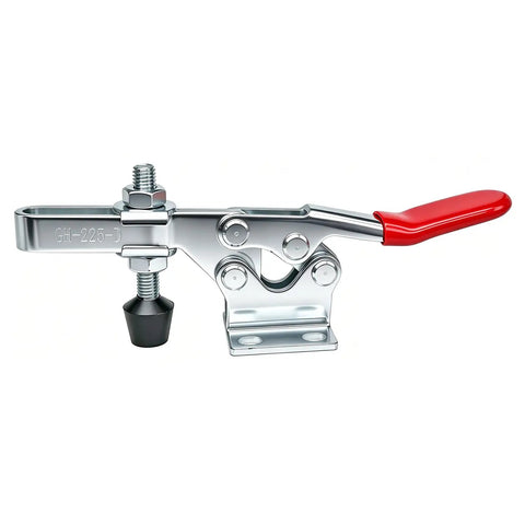 4 Pack 225D Quick Release Toggle Clamps With Killer Grip And Hella Tight 500 Pound Hold For Woodworking Jigs Fixtures Welding Station And Drill Press Setup, showing a robust zinc-plated clamp with red handle.
