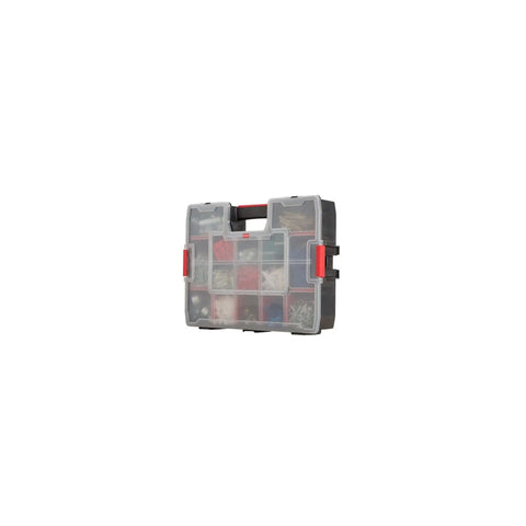 Large Storage Organizer With 15 Compartments, Removable Dividers, Secure Lids, And Stackable Design for tools and small parts.