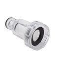 Close-up of Quick Connect Garden Hose Adapter Three Quarter Inch With Integrated Filter Aluminum BSP Threading featuring clear casing.