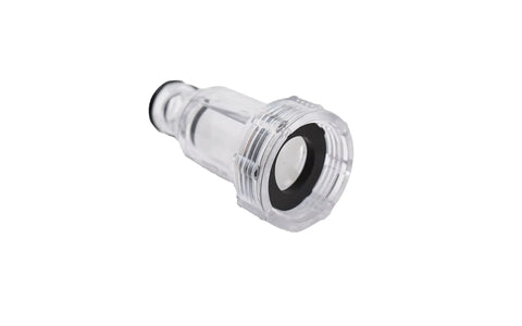 Close-up of Quick Connect Garden Hose Adapter Three Quarter Inch With Integrated Filter Aluminum BSP Threading featuring clear casing.