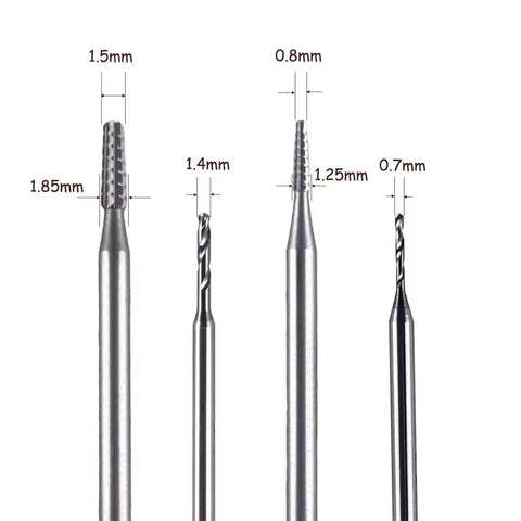 Four tungsten steel drill bits from Cordless Rechargeable Broken Screw Extractor Kit, varying sizes for DIY fixing.