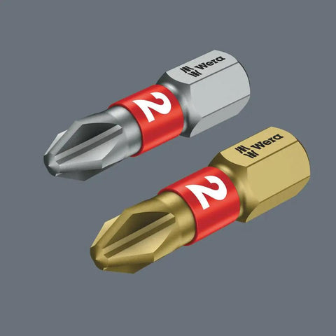 Close-up of two bits from the Multicolor Tool Check Plus 1 Style Kit By Wera Tools Pro Grade For Pros And DIYers, showing detail and color.