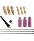 14-Piece TIG Welding Torch Accessory Kit For Air Cooled And Water Cooled Torches 17 18 20 26 Series with collets and ceramic cups visible