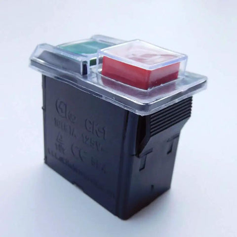 Heavy Duty 4 Pin Industrial Push Button Switch 125V 10 Amp Waterproof On Off Control For Bench Drills Grinders And Power Tools IP54 Rated Built Like A Tank Two Pack, close-up angle showing black housing and color buttons.