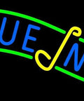 Colorful neon sign with treble clef and 'Blue Note' text on a black background
