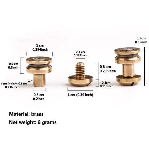 Solid Brass Bullet Rivets With Screw Posts Give Your Leather Accessories A Badass Antique Vibe Perfect For Custom Wallets And Rugged Backpack Repair Projects, showing sizes and details.