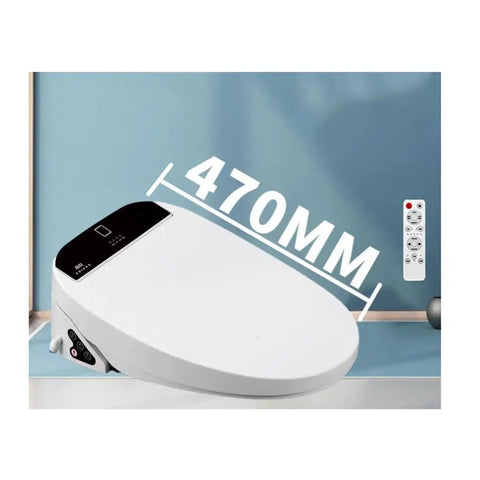 Smooth Operator Smart Toilet Seat Cover Featuring Auto Heated Bidet Function Remote Controlled Warm Air Drying compact size 470mm, waterproof design.