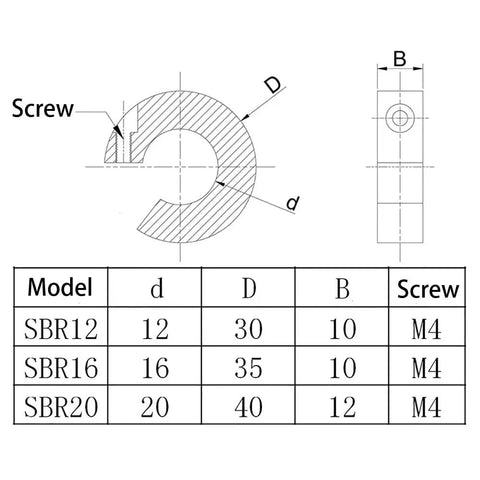 Technical drawing and specifications for 4 Pack SBR20 Linear Rail Stop Collars Aluminum Alloy Shaft Lock Rings 20mm ID, 40mm OD, 12mm Thick.