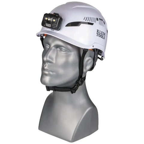Low-Profile Vented Safety Helmet With Rechargeable Headlamp Class C Type-2 ANSI Z89.1 on mannequin head