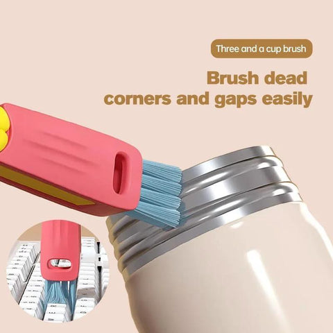 3-in-1 cup lid gap cleaning brush with blue bristles; pink handle, set of 3 brushes.