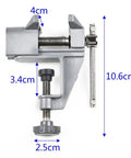 Rock Solid Compact Swivel Vise For Crafters And DIYers with measurements for tables or benches and edges, ideal for precision.