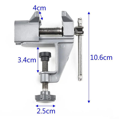 Rock Solid Compact Swivel Vise For Crafters And DIYers with measurements for tables or benches and edges, ideal for precision.