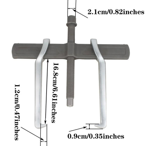 12 Inch Two Jaw Gear Puller with Reversible Claws for Pulley Flywheel and Bearing Removal, Heavy Duty Chrome Vanadium Steel, dimensions shown.