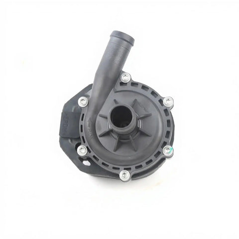 Heavy Duty Electric Water Pump For Tesla Model S Auxiliary Coolant Exchange Cooling System Replacement Built Tough Direct Swap Rapid Fit Bolt On Car Parts OEM Spec view from above showing inlet and outlet.