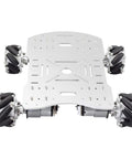 Front view of Moebius metal 4WD robot chassis with four mecanum omni wheels and 12V encoder motors