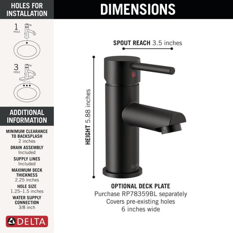Modern 1 GPM Single Hole Bathroom Faucet With Pop Up Drain Assembly In Matte Black For Quick Install Sleek Dope Look And Water Efficient Style Upgrade For Any Decor showing dimensions and installation details.