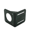 NEMA 23 stepper motor mounting bracket, steel, black finish, right-angle with circular motor hole and slotted mounting slots