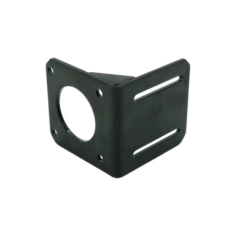 NEMA 23 stepper motor mounting bracket, steel, black finish, right-angle with circular motor hole and slotted mounting slots