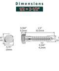 Dimensions diagram of 1/2 x 2-1/2 inch hex head lag screws with flat washers in 304 stainless steel for outdoor projects.