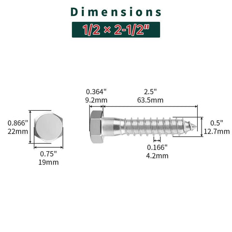Dimensions diagram of 1/2 x 2-1/2 inch hex head lag screws with flat washers in 304 stainless steel for outdoor projects.