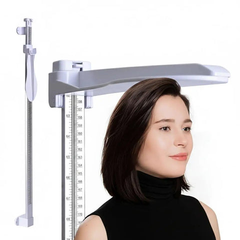 Wall Mounted Height Gauge For Home Or Clinic, Aluminum Stadiometer With 10 To 225 Cm Range displayed with a person measuring height