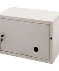 Heavy Duty Steel Cell Phone Locker With Integrated Charging Station And Secure Keys Built Like A Tank, compact gray storage cabinet.