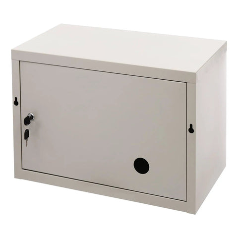 Heavy Duty Steel Cell Phone Locker With Integrated Charging Station And Secure Keys Built Like A Tank, compact gray storage cabinet.