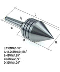 No Sweat Live Center With 60 Degree Tip For Wood Lathes, Morse Taper 1, 6000 Rpm Ball Bearing Tailstock, Gutsy Alloy Steel Workhorse For Smooth Woodworking Projects And Daily Turning, showing dimensions and design.