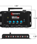 Bluetooth DSP Crossover For Car Audio With App Control 15 Band Graphic Equalizer 12 Presets 2 In 4 Out High Level Input Gain Up To 9V Wireless Phone Tuning For A Bangin Loud Clear Sound, black unit showing inputs and outputs, size dimensions labeled.