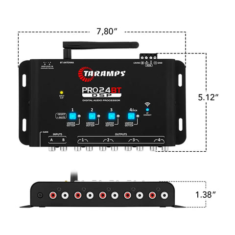 Bluetooth DSP Crossover For Car Audio With App Control 15 Band Graphic Equalizer 12 Presets 2 In 4 Out High Level Input Gain Up To 9V Wireless Phone Tuning For A Bangin Loud Clear Sound, black unit showing inputs and outputs, size dimensions labeled.