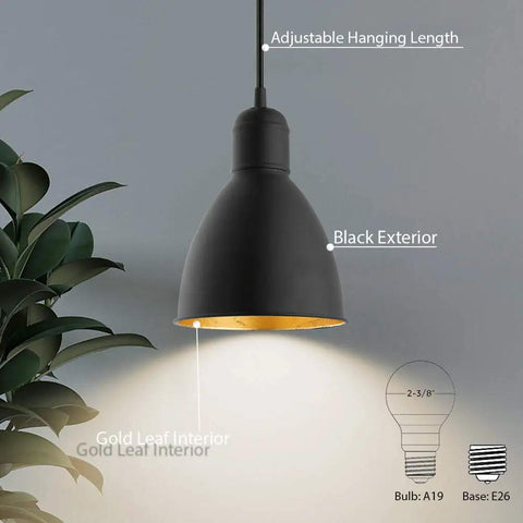 Priddy 1-Light Mini Pendant with steel shade, black exterior, gold leaf interior, adjustable hanging, LED compatible, kitchen, dining.