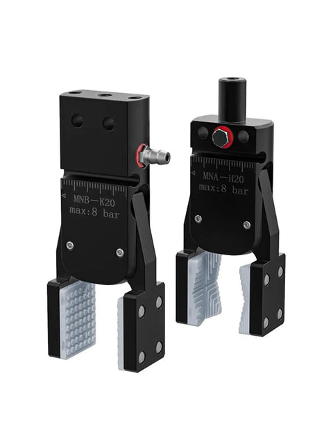 Wideband Magnetic Pneumatic Water Nozzle With Mechanical Arm Mini Fixture Gripper Clamp Model K40, black metal with gray clamps