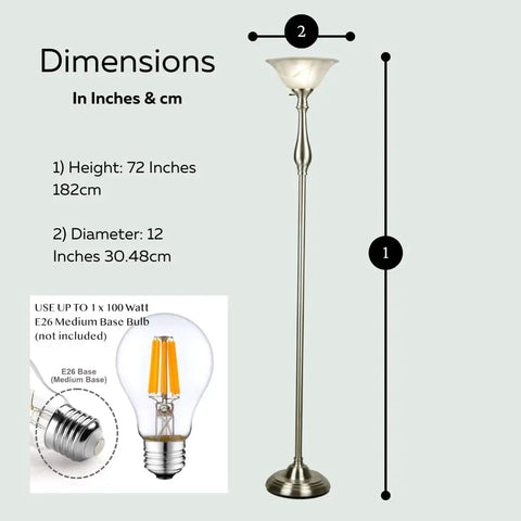 72 Inch Torchiere Floor Lamp With Brushed Nickel Finish And White Alabaster Glass Shade For Living Room Or Bedroom And Corner Lighting, bulb size reference