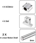 Two 8mm x 400mm linear motion shafts, four SCS8UU bearings, and four SK8 aluminum rail supports.