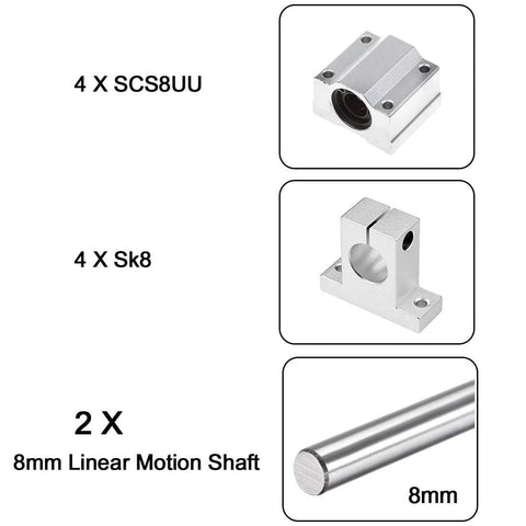 Two 8mm x 400mm linear motion shafts, four SCS8UU bearings, and four SK8 aluminum rail supports.