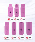 Top Grade 10-Piece Alumina Ceramic TIG Welding Cups Fits WP-17/18/26 shown with individual sizes in pink for precise welding applications.